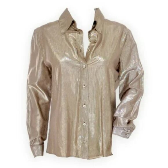 Barbara Bui Metallic Liquid Gold Foil Button Down Dress Blouse Top M 42 8/10 - Picture 1 of 5